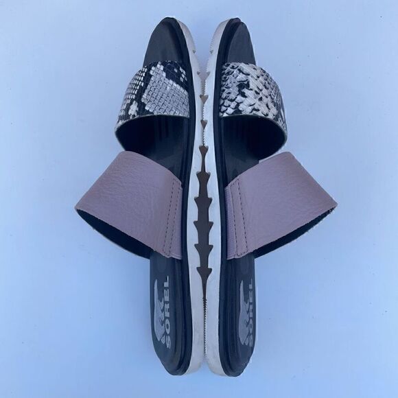 Sorel Leather Snake Print Slides Womens Sz 6 Ella Black Vapor Sandals Slip On - Picture 6 of 7